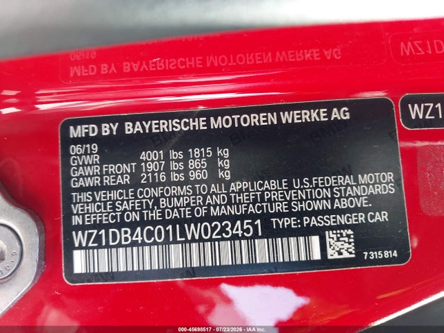 45698517 :رقم المزاد ، WZ1DB4C01LW023451 vin ، 2020 Toyota Gr Supra 3.0 Premium مزاد بيع