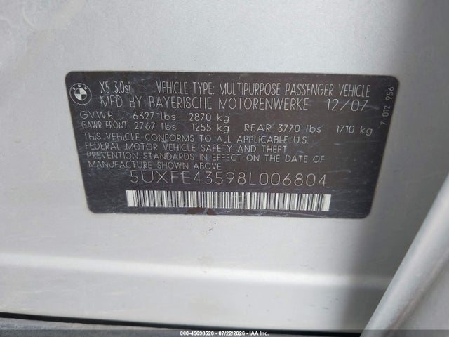 Aukcja sprzedaży 2008 Bmw X5 3.0si, vin: 5UXFE43598L006804, numer aukcji: 45698520