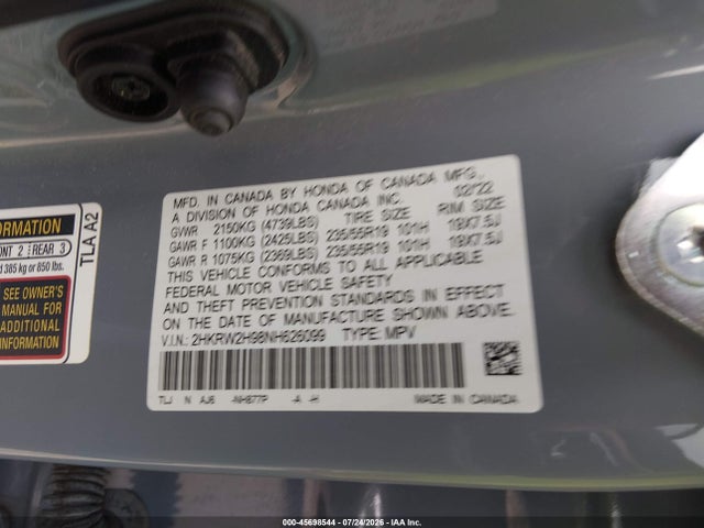 45698544 :رقم المزاد ، 2HKRW2H98NH626099 vin ، 2022 Honda Cr-v Awd Touring مزاد بيع