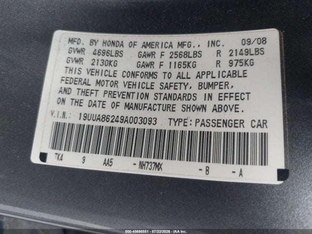 45698551 :رقم المزاد ، 19UUA86249A003093 vin ، 2009 Acura Tl 3.5 مزاد بيع