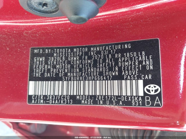 Toyota COROLLA SE 2017 5YFBURHE3HP666417 Image 9