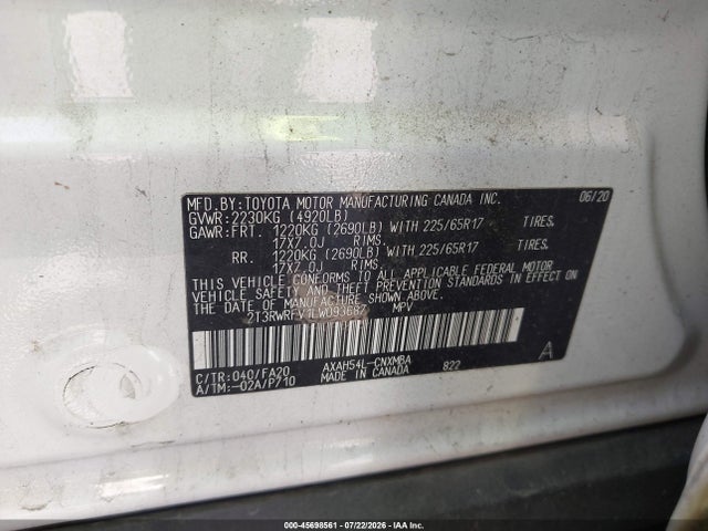 2T3RWRFV1LW093687 Toyota Rav4 Hybrid Xle