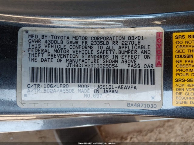 Aukcja sprzedaży 2001 Lexus Is 300, vin: JTHBD182010029054, numer aukcji: 45698587
