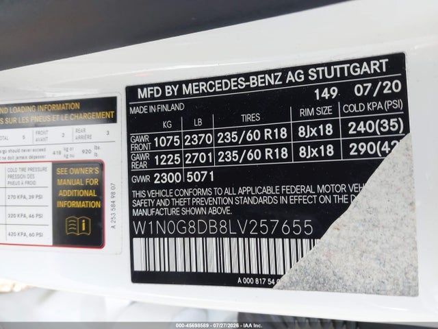 2020 Mercedes-benz Glc 300 მანქანა იყიდება აუქციონზე, vin: W1N0G8DB8LV257655, აუქციონის ნომერი: 45698589