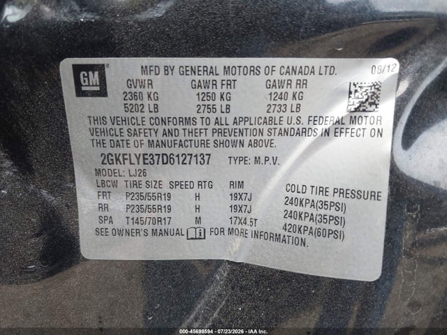 45698594 :رقم المزاد ، 2GKFLYE37D6127137 vin ، 2013 Gmc Terrain Denali مزاد بيع