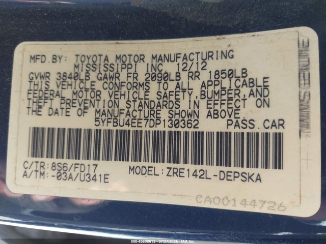 Продаж на аукціоні авто 2013 Toyota Corolla S, vin: 5YFBU4EE7DP130362, номер лоту: 45698613