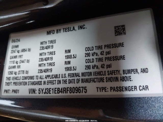 45698615 :رقم المزاد ، 5YJ3E1EB4RF809675 vin ، 2024 Tesla Model 3 Long Range Dual Motor All-wheel Drive مزاد بيع