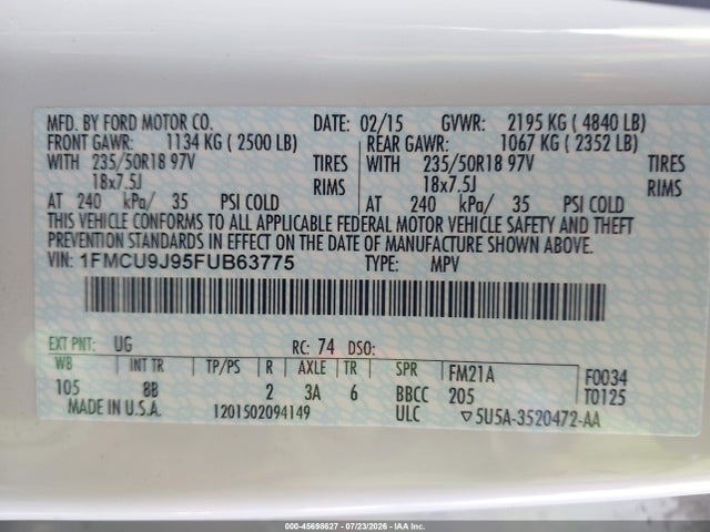 Ford Escape Titanium 2015 1FMCU9J95FUB63775 Image 9
