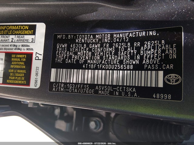 45698629 :رقم المزاد ، 4T1BF1FK0DU256588 vin ، 2013 Toyota Camry Se مزاد بيع