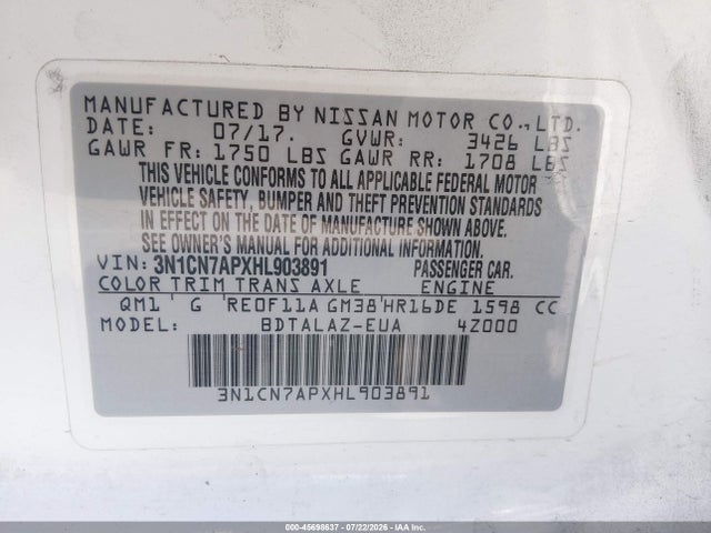 Aukcja sprzedaży 2017 Nissan Versa 1.6 S+, vin: 3N1CN7APXHL903891, numer aukcji: 45698637
