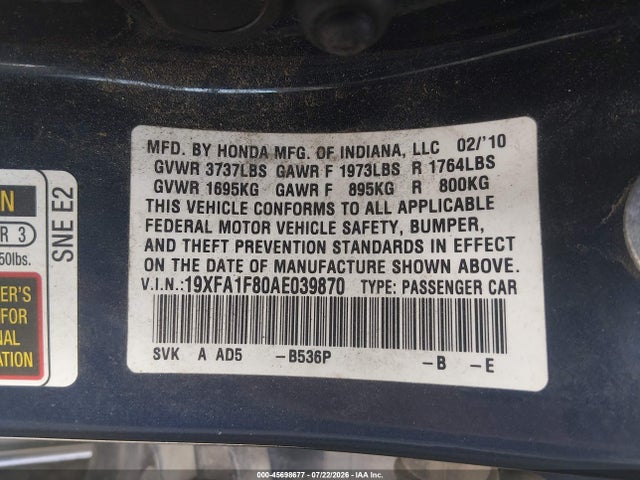 2010 Honda Civic Ex მანქანა იყიდება აუქციონზე, vin: 19XFA1F80AE039870, აუქციონის ნომერი: 45698677