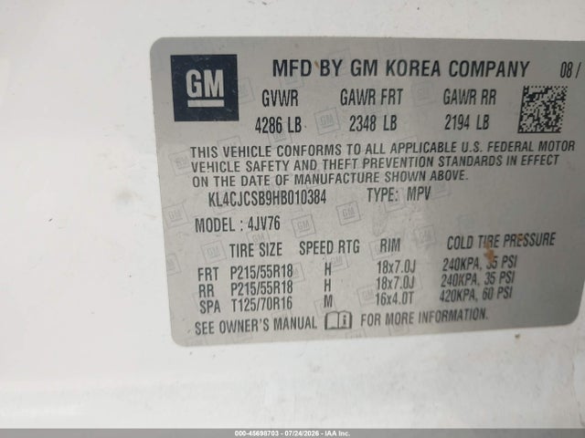 45698703 :رقم المزاد ، KL4CJCSB9HB010384 vin ، 2017 Buick Encore Essence مزاد بيع