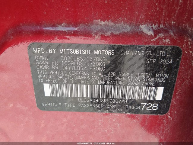 Продаж на аукціоні авто 2024 Mitsubishi Mirage Es/le, vin: ML32AUHJ8RH030729, номер лоту: 45698721
