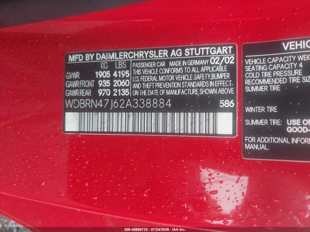 Aukcja sprzedaży 2002 Mercedes-benz C 230, vin: WDBRN47J62A338884, numer aukcji: 45698733