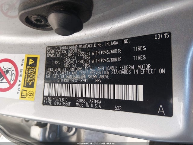 45698734 :رقم المزاد ، 5TDJKRFH2FS153291 vin ، 2015 Toyota Highlander Xle V6 مزاد بيع