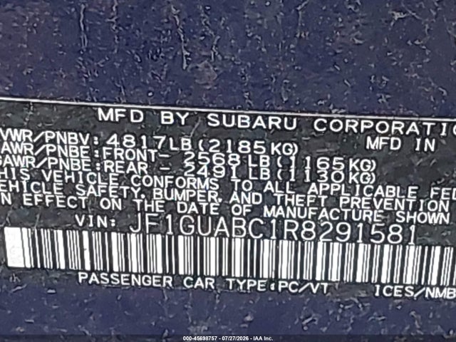 2024 Subaru Impreza Base 5-door მანქანა იყიდება აუქციონზე, vin: JF1GUABC1R8291581, აუქციონის ნომერი: 45698757
