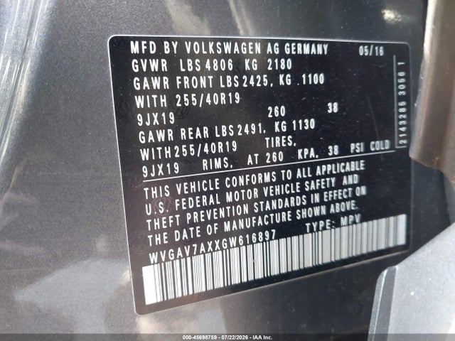 Продажа на аукционе авто 2016 Volkswagen Tiguan R-line, vin: WVGAV7AXXGW616897, номер лота: 45698759