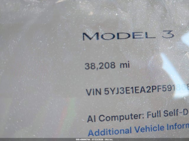 Продаж на аукціоні авто 2023 Tesla Model 3 Rear-wheel Drive, vin: 5YJ3E1EA2PF591868, номер лоту: 45698764