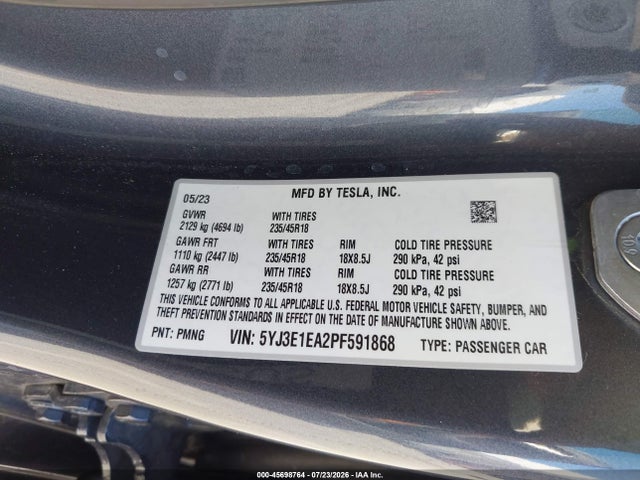 Продаж на аукціоні авто 2023 Tesla Model 3 Rear-wheel Drive, vin: 5YJ3E1EA2PF591868, номер лоту: 45698764