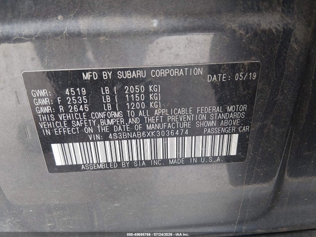 Продаж на аукціоні авто 2019 Subaru Legacy 2.5i, vin: 4S3BNAB6XK3036474, номер лоту: 45698766