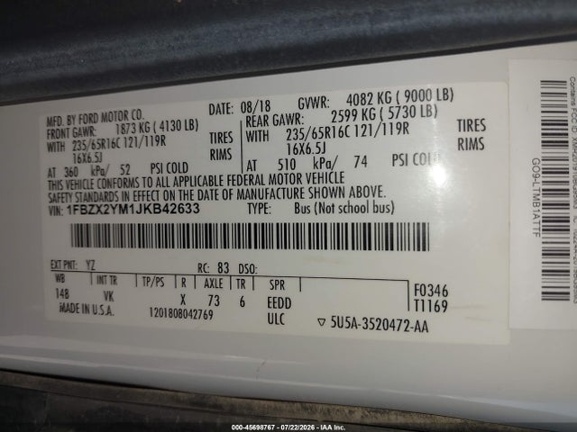 Ford Transit-350 Xl 2018 1FBZX2YM1JKB42633 Image 9