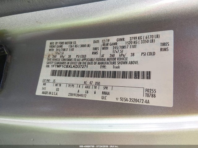 Aukcja sprzedaży 2020 Ford F-150 Xl, vin: 1FTMF1CBXLKD37271, numer aukcji: 45698769