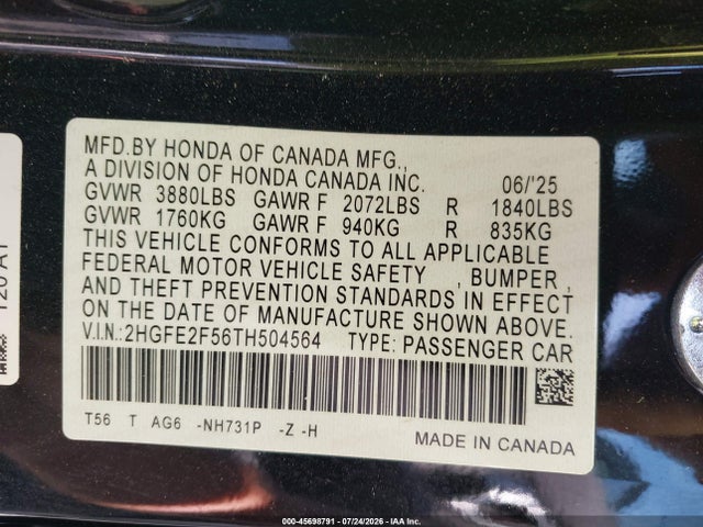 Продажа на аукционе авто 2026 Honda Civic Sport, vin: 2HGFE2F56TH504564, номер лота: 45698791