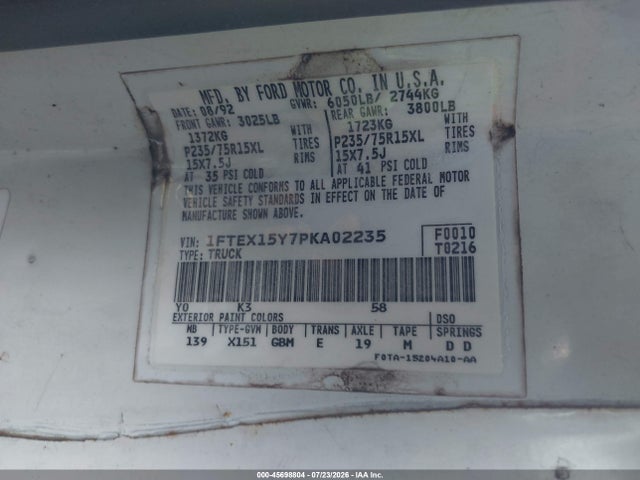 45698804 :رقم المزاد ، 1FTEX15Y7PKA02235 vin ، 1993 Ford F150 مزاد بيع
