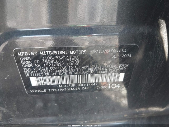 Aukcja sprzedaży 2024 Mitsubishi Mirage G4 Black Edition/es/le, vin: ML32FUFJ9RHF14447, numer aukcji: 45698806
