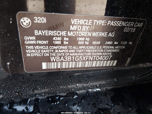 Aukcja sprzedaży 2015 Bmw 320i, vin: WBA3B1G5XFNT04007, numer aukcji: 45698843