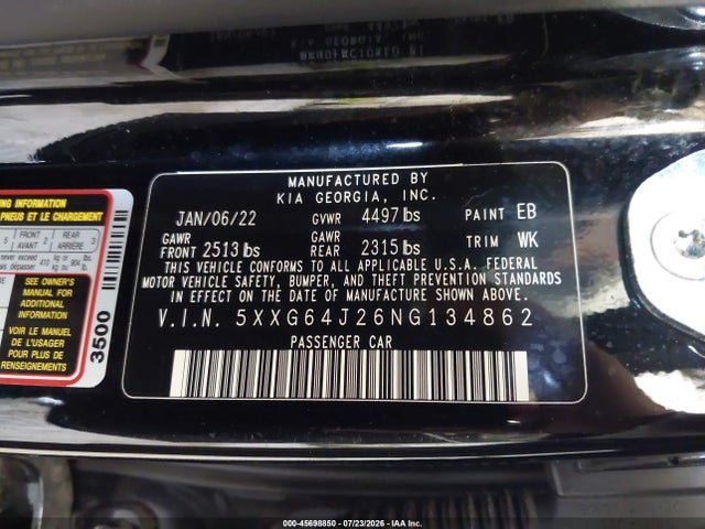 Aukcja sprzedaży 2022 Kia K5 Gt-line, vin: 5XXG64J26NG134862, numer aukcji: 45698850