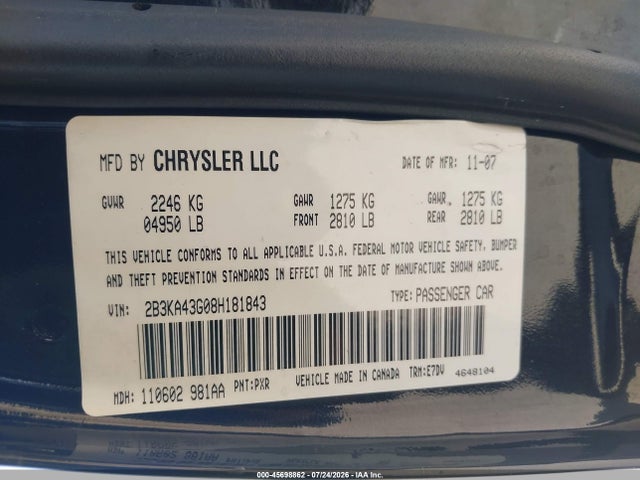 Продажа на аукционе авто 2008 Dodge Charger, vin: 2B3KA43G08H181843, номер лота: 45698862