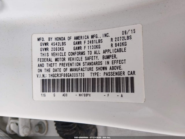 Aukcja sprzedaży 2016 Honda Accord Ex-l V-6, vin: 1HGCR3F86GA005730, numer aukcji: 45698864