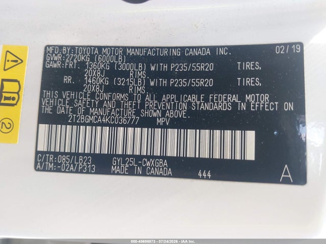 Продажа на аукционе авто 2019 Lexus Rx 450h, vin: 2T2BGMCA4KC036777, номер лота: 45698873