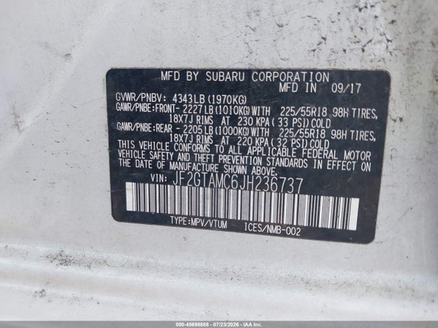 2018 Subaru Crosstrek 2.0i Limited მანქანა იყიდება აუქციონზე, vin: JF2GTAMC6JH236737, აუქციონის ნომერი: 45698888