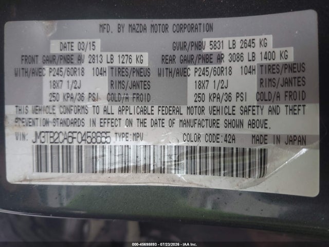 45698893 :رقم المزاد ، JM3TB2CA6F0458665 vin ، 2015 Mazda Cx-9 Touring مزاد بيع