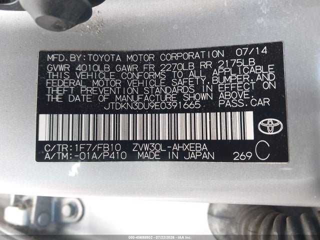 JTDKN3DU9E0391665 Toyota Prius Three