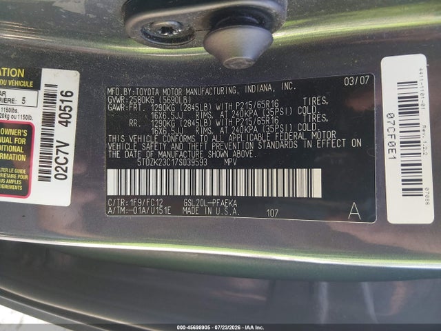 2007 Toyota Sienna Ce/le მანქანა იყიდება აუქციონზე, vin: 5TDZK23C17S039593, აუქციონის ნომერი: 45698905