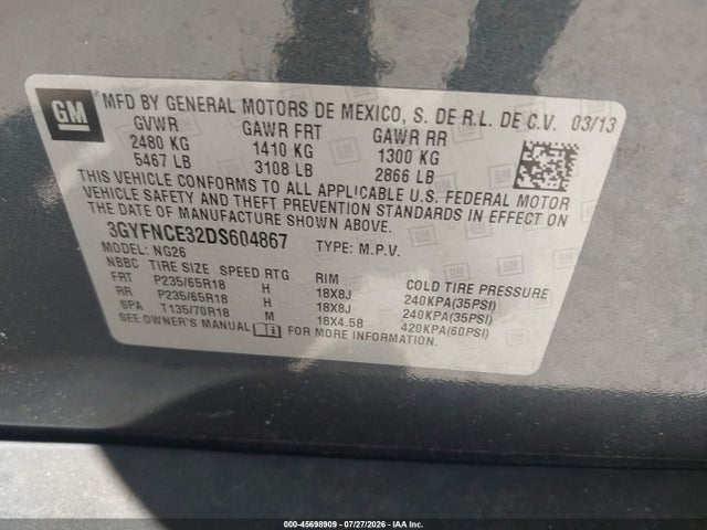 Aukcja sprzedaży 2013 Cadillac Srx Luxury Collection, vin: 3GYFNCE32DS604867, numer aukcji: 45698909
