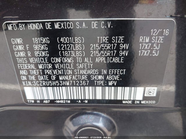 Aukcja sprzedaży 2017 Honda Hr-v Ex, vin: 3CZRU5H53HM712367, numer aukcji: 45698921