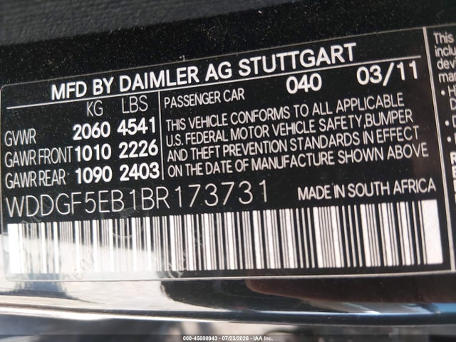 45698943 :رقم المزاد ، WDDGF5EB1BR173731 vin ، 2011 Mercedes-benz C 300 Sport مزاد بيع