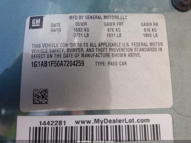 45698966 :رقم المزاد ، 1G1AB1F56A7204259 vin ، 2010 Chevrolet Cobalt Ls مزاد بيع