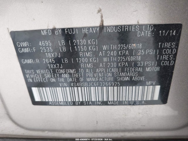 45698974 :رقم المزاد ، 4S4BSBJC6F3266925 vin ، 2015 Subaru Outback 2.5i Limited مزاد بيع