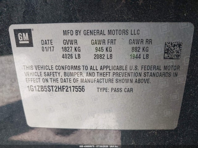 45698975 :رقم المزاد ، 1G1ZB5ST2HF217556 vin ، 2017 Chevrolet Malibu Ls مزاد بيع