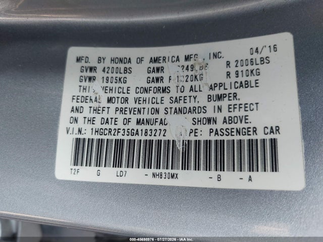 Honda ACCORD LX 2016 1HGCR2F35GA183272 Image 9