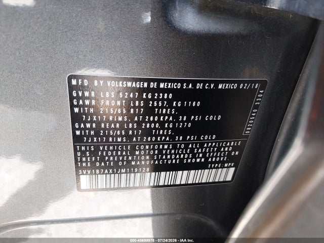Aukcja sprzedaży 2018 Volkswagen Tiguan 2.0t S, vin: 3VV1B7AX1JM119128, numer aukcji: 45698978