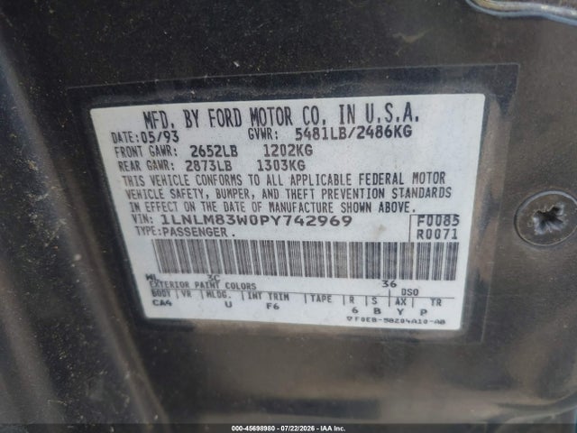 Продажа на аукционе авто 1993 Lincoln Town Car Cartier, vin: 1LNLM83W0PY742969, номер лота: 45698980