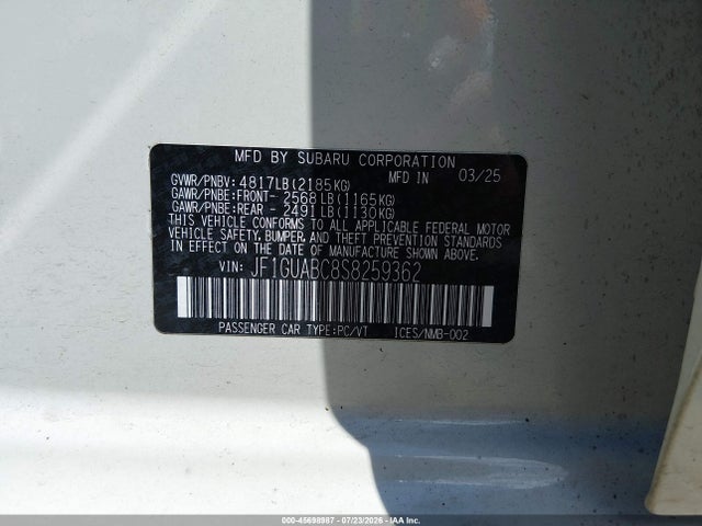 2025 Subaru Impreza Base 5-door მანქანა იყიდება აუქციონზე, vin: JF1GUABC8S8259362, აუქციონის ნომერი: 45698987