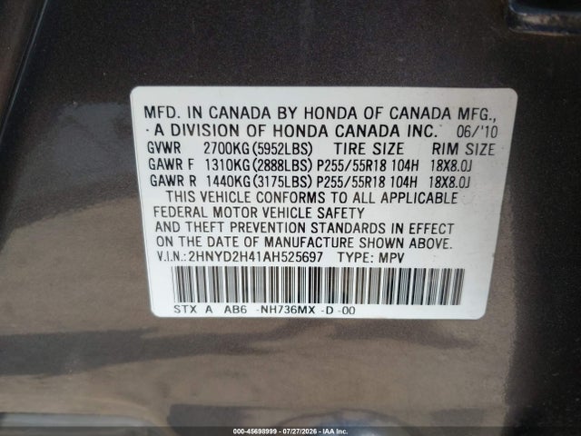 Aukcja sprzedaży 2010 Acura Mdx Technology Package, vin: 2HNYD2H41AH525697, numer aukcji: 45698999