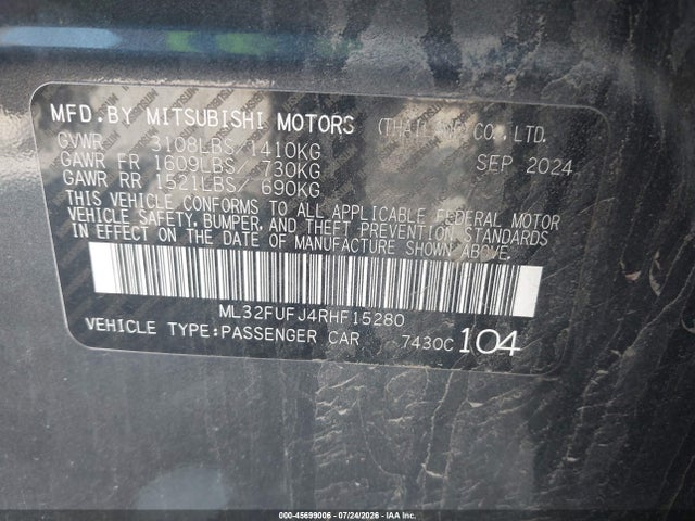 45699006 :رقم المزاد ، ML32FUFJ4RHF15280 vin ، 2024 Mitsubishi Mirage G4 Black Edition/es/le مزاد بيع